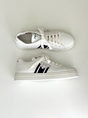 Women's NEW PRADA White/Black Leather Logo Stripe Low Top Sneakers Size 38